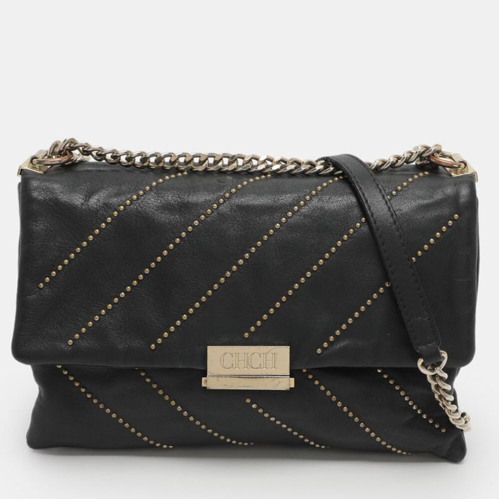 Ch Carolina Herrera Black Leather Studded Shoulder Bag